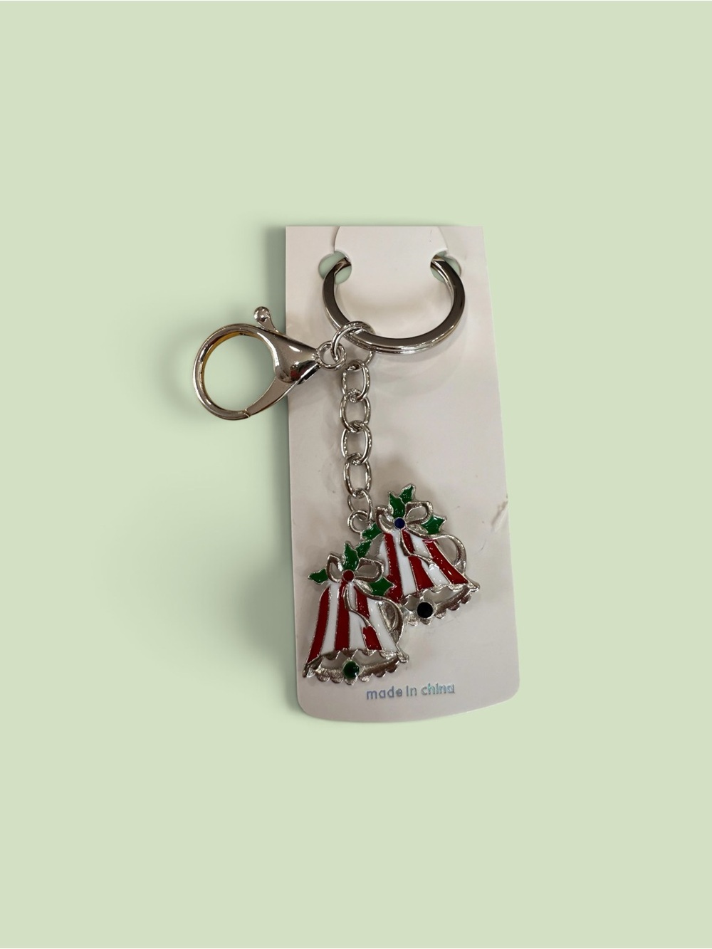 Silver Keychain with Red & White Holiday Bell Charms